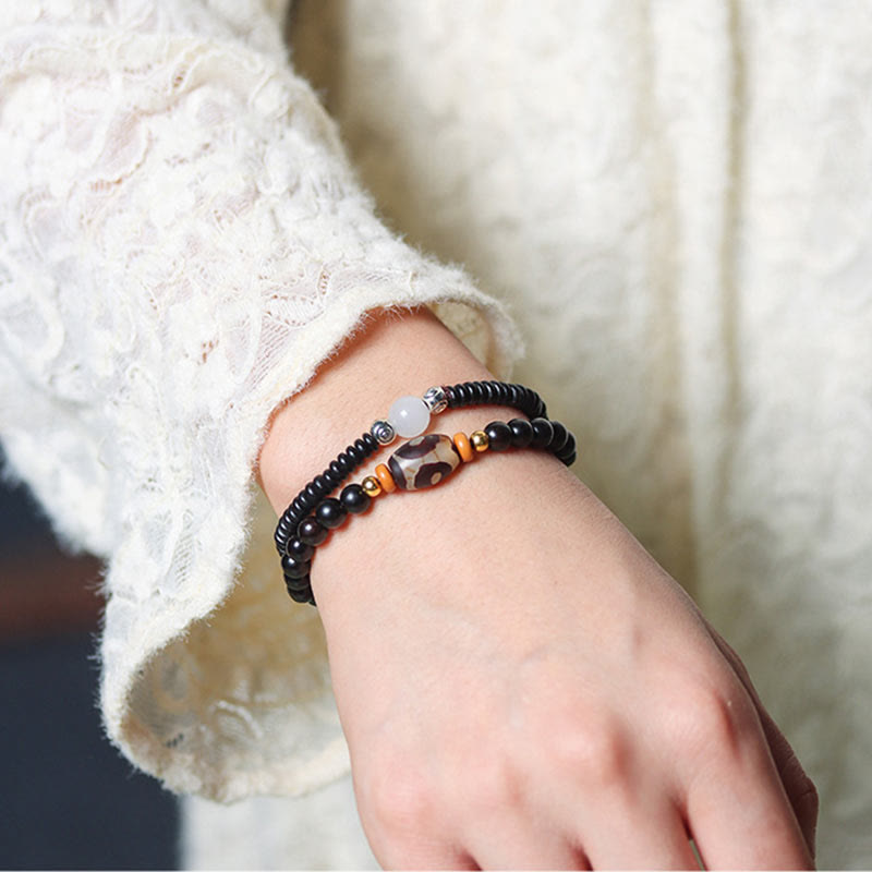 BWOOOH Ebony Sandalwood Green Sandalwood Dzi Bead Balance Calm Double Wrap Bracelet