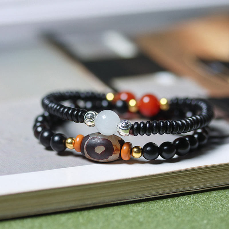 BWOOOH Ebony Sandalwood Green Sandalwood Dzi Bead Balance Calm Double Wrap Bracelet