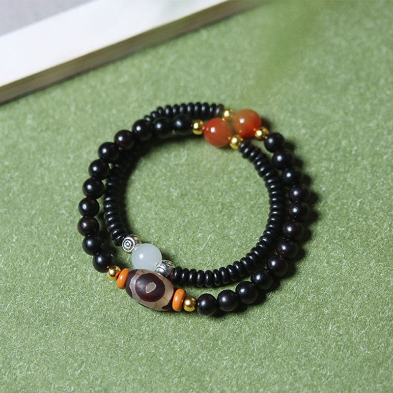 BWOOOH Ebony Sandalwood Green Sandalwood Dzi Bead Balance Calm Double Wrap Bracelet