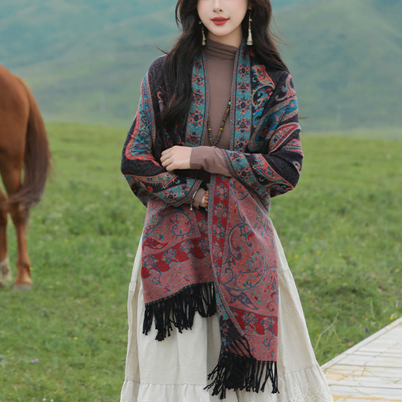 BWOOOH Tibetan Cashew Flower Tassel Shawl Fall Winter Coz