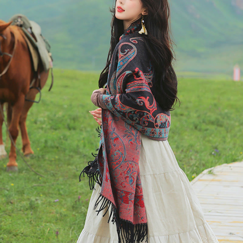 BWOOOH Tibetan Cashew Flower Tassel Shawl Fall Winter Coz