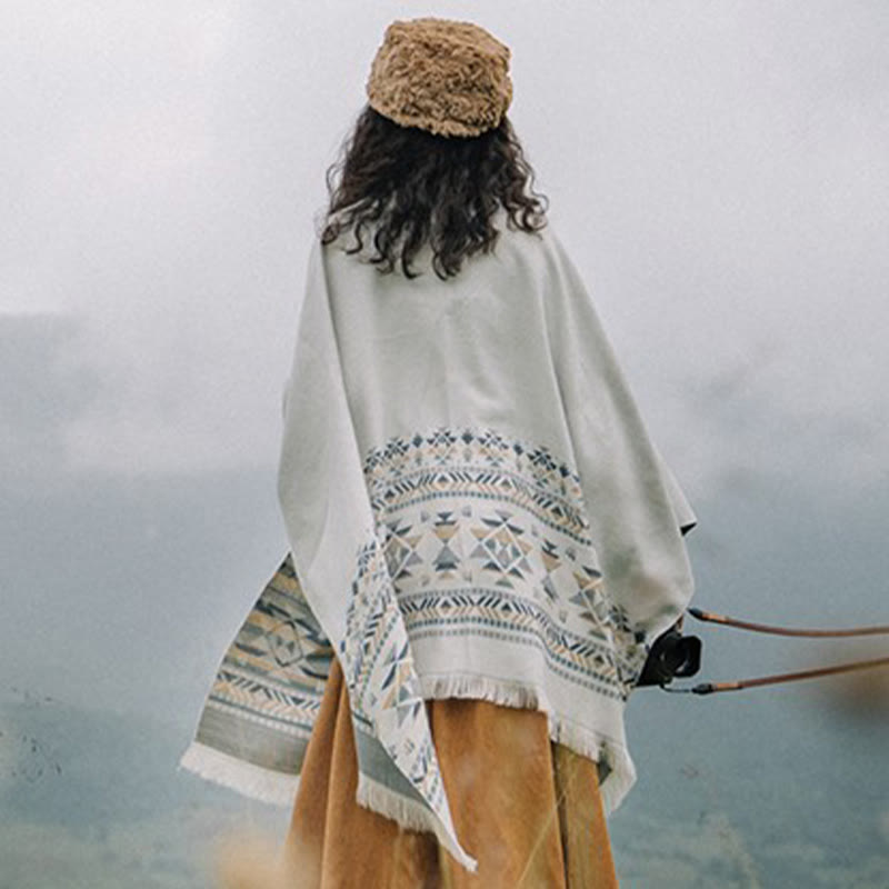 BWOOOH Tibetan Beige Geometric Pattern Tassels Shawl Fall