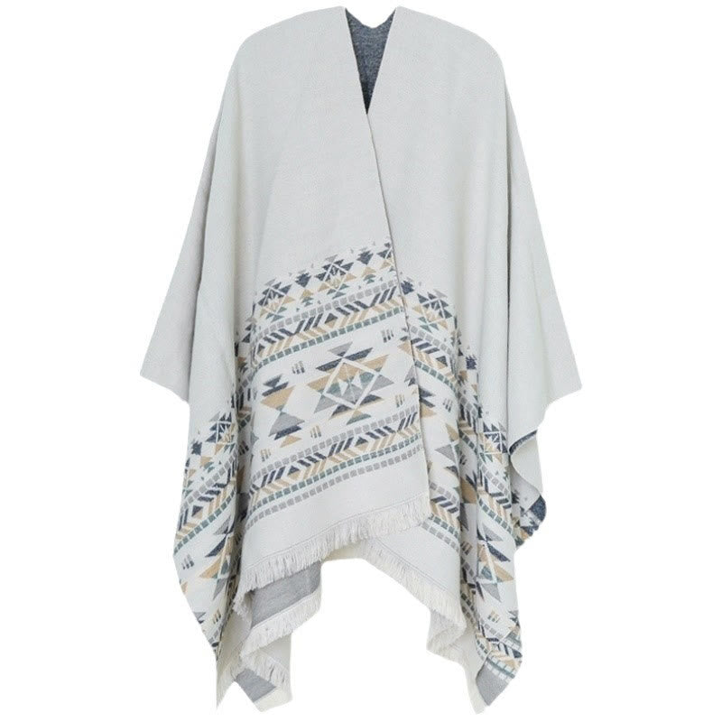 BWOOOH Tibetan Beige Geometric Pattern Tassels Shawl Fall