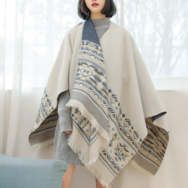BWOOOH Tibetan Beige Geometric Pattern Tassels Shawl Fall