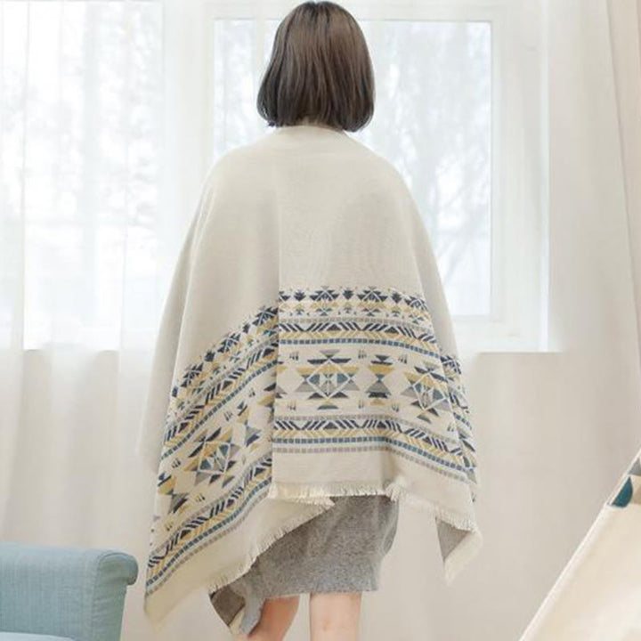 BWOOOH Tibetan Beige Geometric Pattern Tassels Shawl Fall