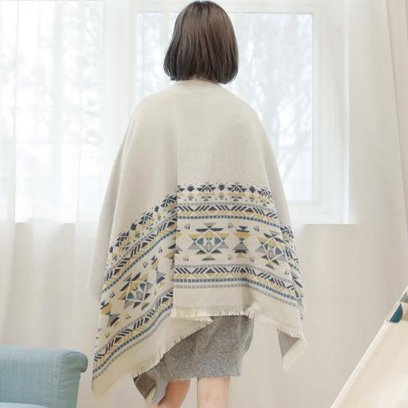 BWOOOH Tibetan Beige Geometric Pattern Tassels Shawl Fall
