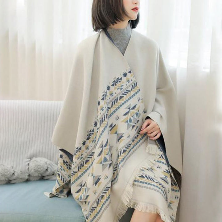 BWOOOH Tibetan Beige Geometric Pattern Tassels Shawl Fall