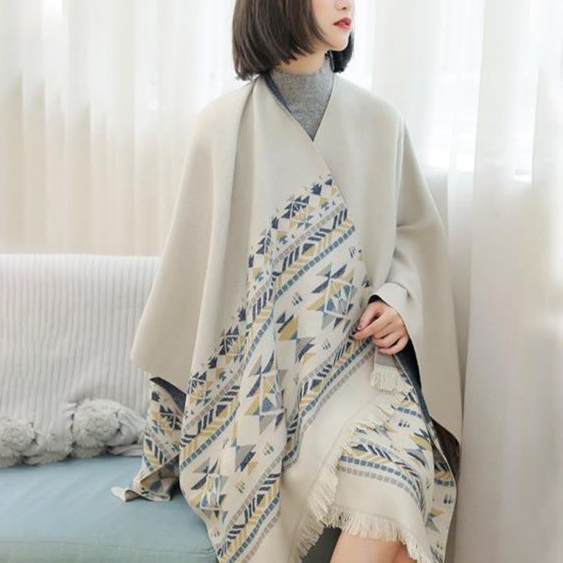 BWOOOH Tibetan Beige Geometric Pattern Tassels Shawl Fall