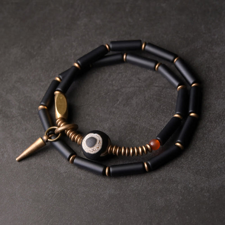 BWOOOH Black Onyx Copper Dzi Bead Cone Pendant Double Wrap Protection Bracelet