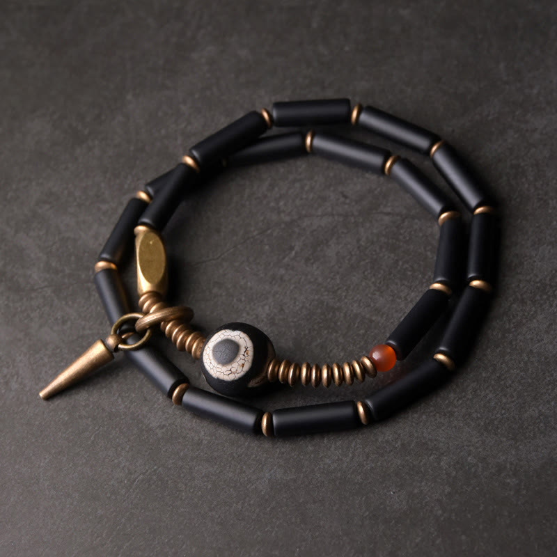 BWOOOH Black Onyx Copper Dzi Bead Cone Pendant Double Wrap Protection Bracelet
