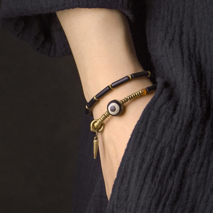 BWOOOH Black Onyx Copper Dzi Bead Cone Pendant Double Wrap Protection Bracelet