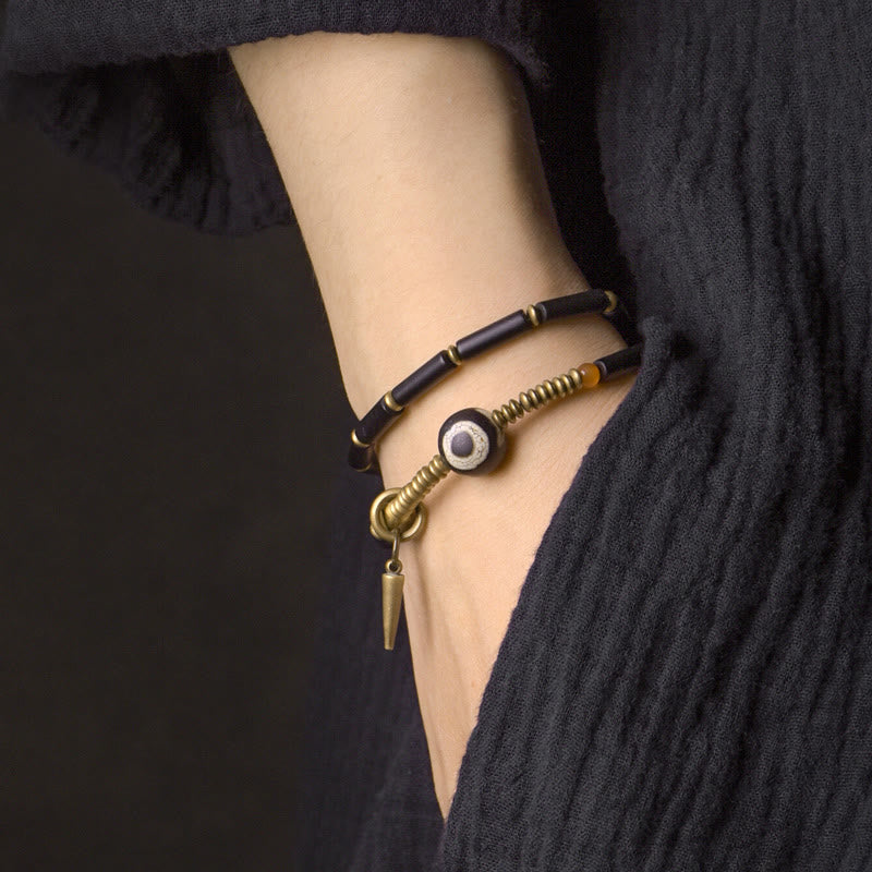 BWOOOH Black Onyx Copper Dzi Bead Cone Pendant Double Wrap Protection Bracelet