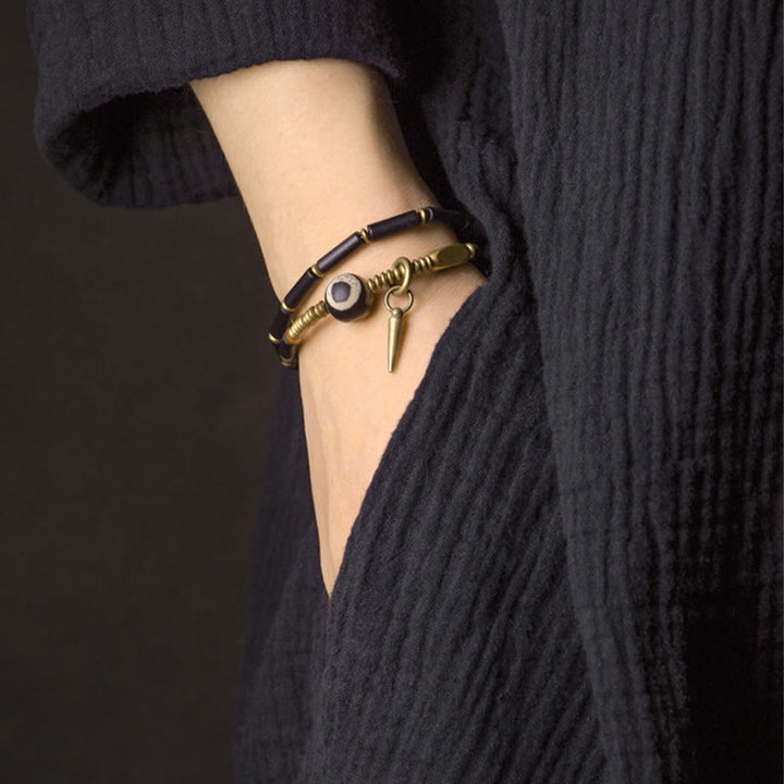 BWOOOH Black Onyx Copper Dzi Bead Cone Pendant Double Wrap Protection Bracelet