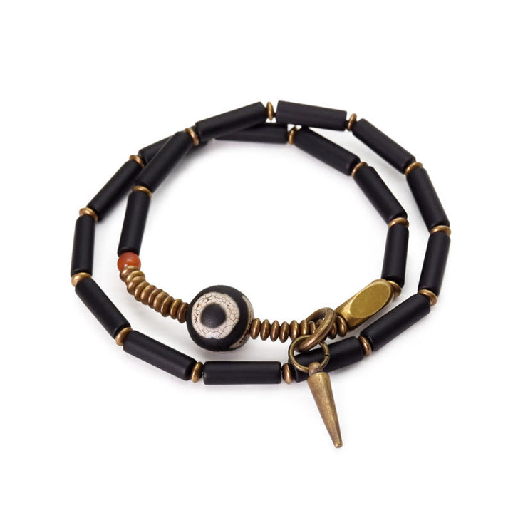 BWOOOH Black Onyx Copper Dzi Bead Cone Pendant Double Wrap Protection Bracelet