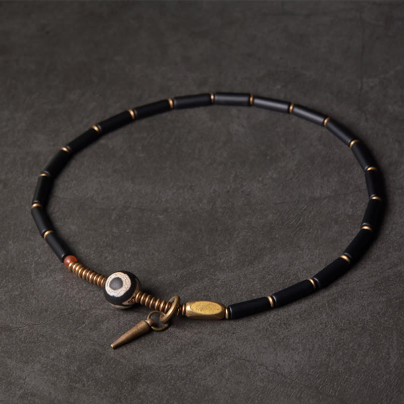 BWOOOH Black Onyx Copper Dzi Bead Cone Pendant Double Wrap Protection Bracelet