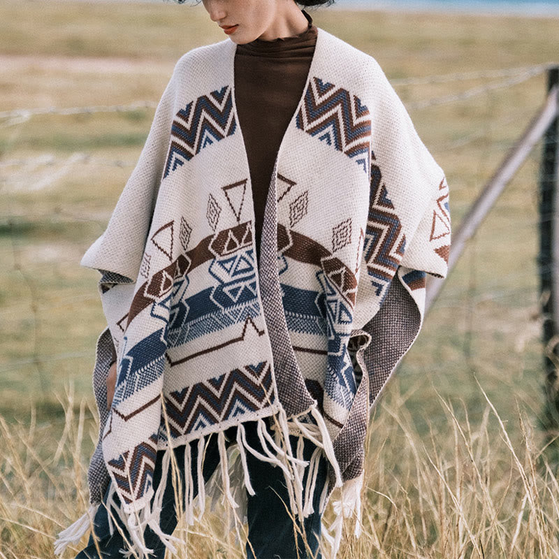 BWOOOH Tibetan Wave Stripe Geometry Tassels Shawl Fall Wi