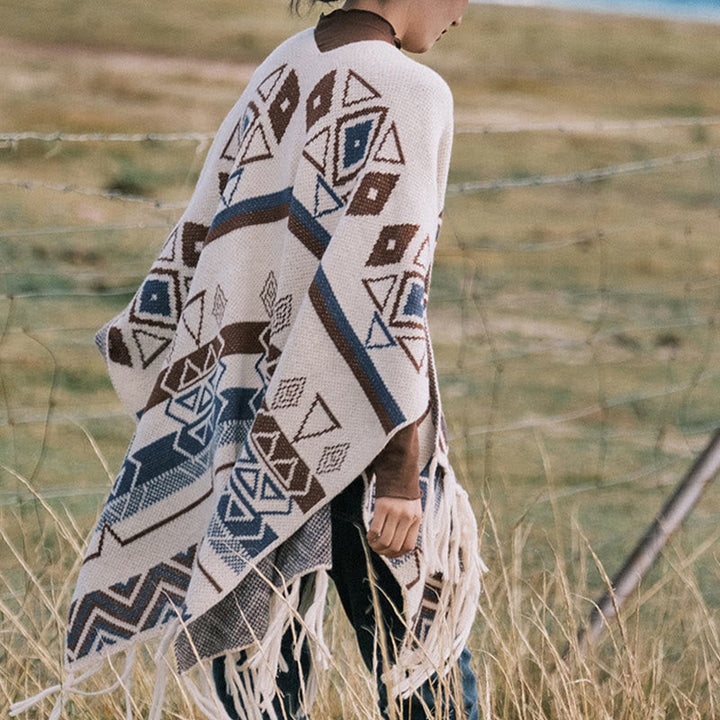 BWOOOH Tibetan Wave Stripe Geometry Tassels Shawl Fall Wi