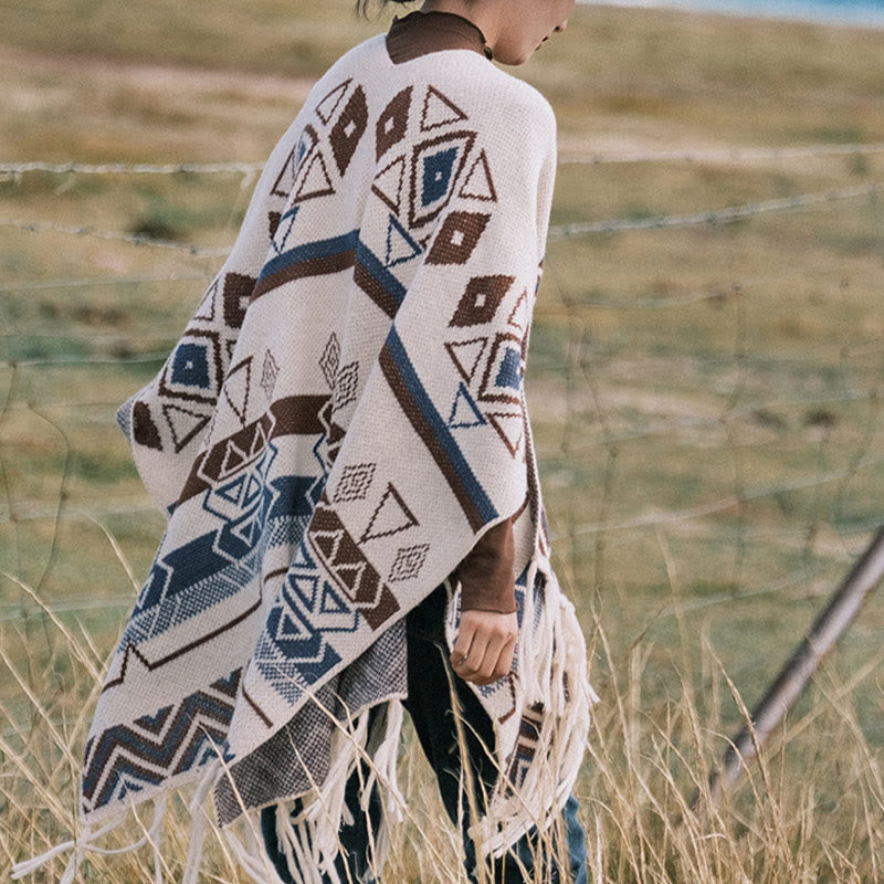 BWOOOH Tibetan Wave Stripe Geometry Tassels Shawl Fall Wi