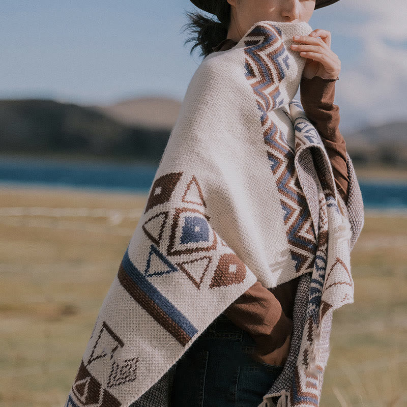 BWOOOH Tibetan Wave Stripe Geometry Tassels Shawl Fall Wi