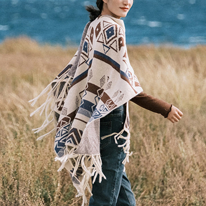 BWOOOH Tibetan Wave Stripe Geometry Tassels Shawl Fall Wi