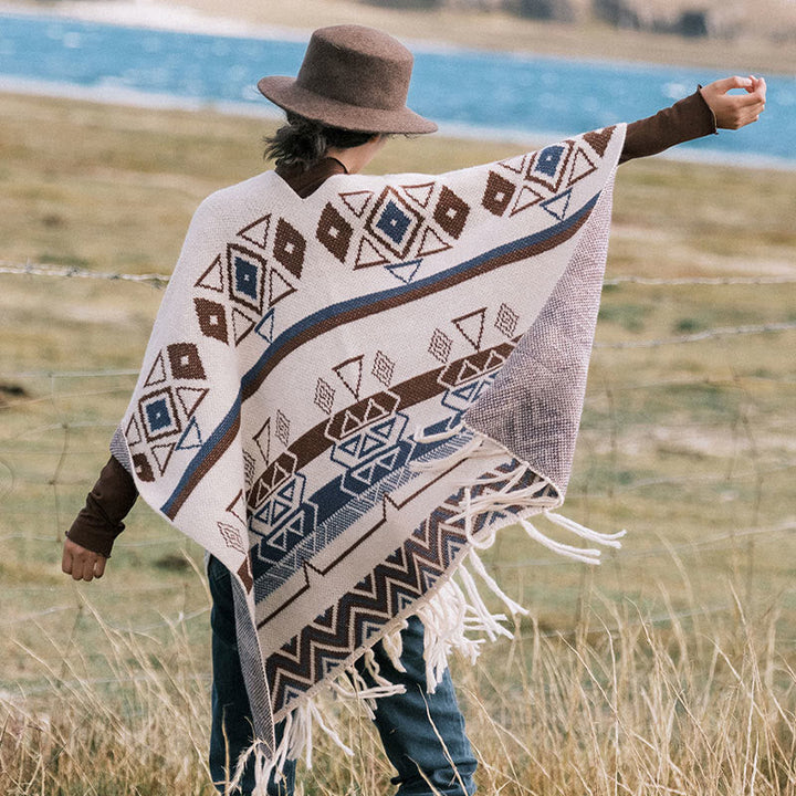 BWOOOH Tibetan Wave Stripe Geometry Tassels Shawl Fall Wi