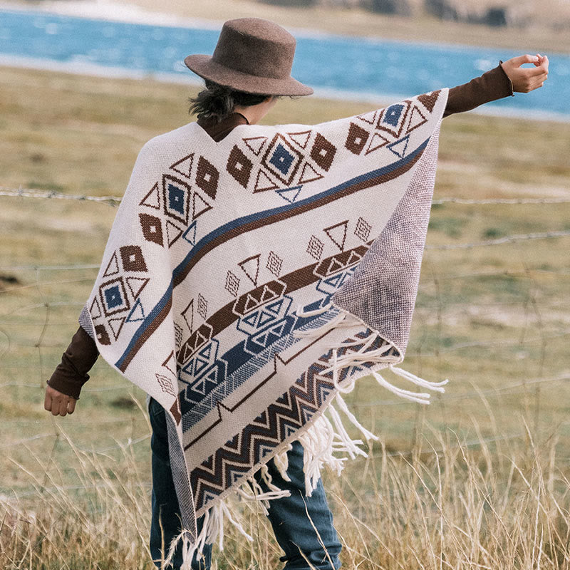 BWOOOH Tibetan Wave Stripe Geometry Tassels Shawl Fall Wi