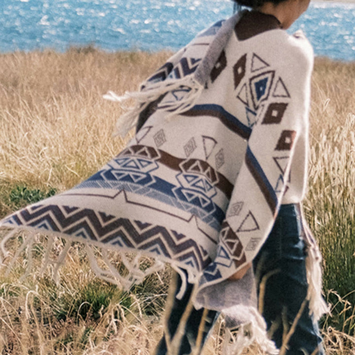 BWOOOH Tibetan Wave Stripe Geometry Tassels Shawl Fall Wi