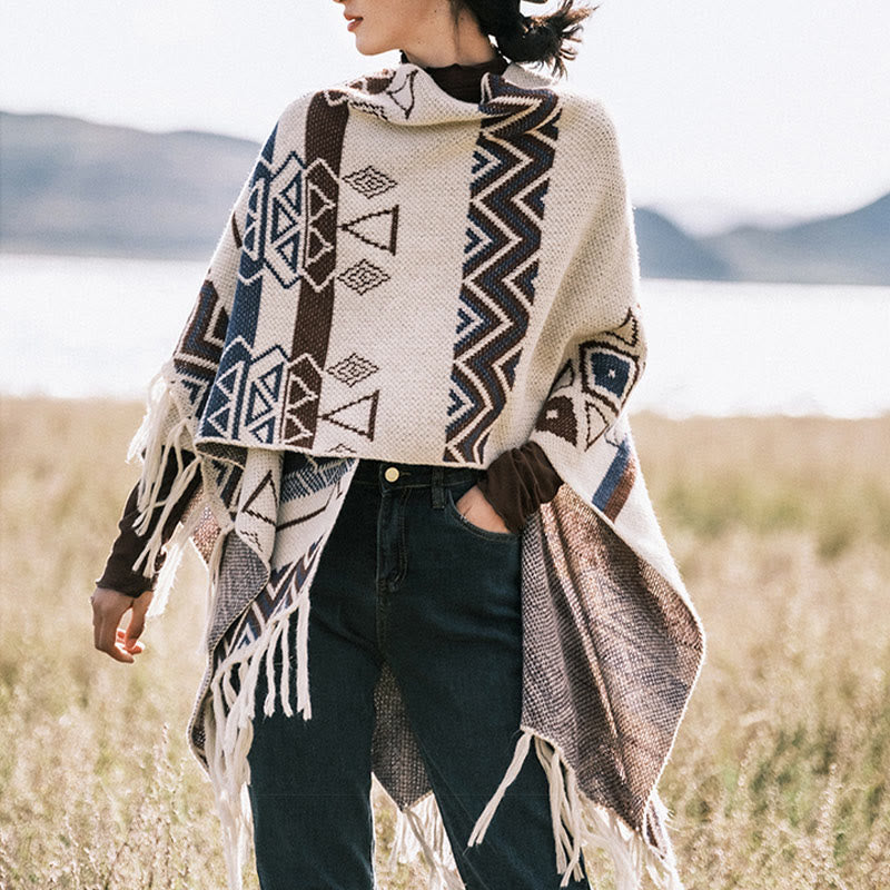 BWOOOH Tibetan Wave Stripe Geometry Tassels Shawl Fall Wi