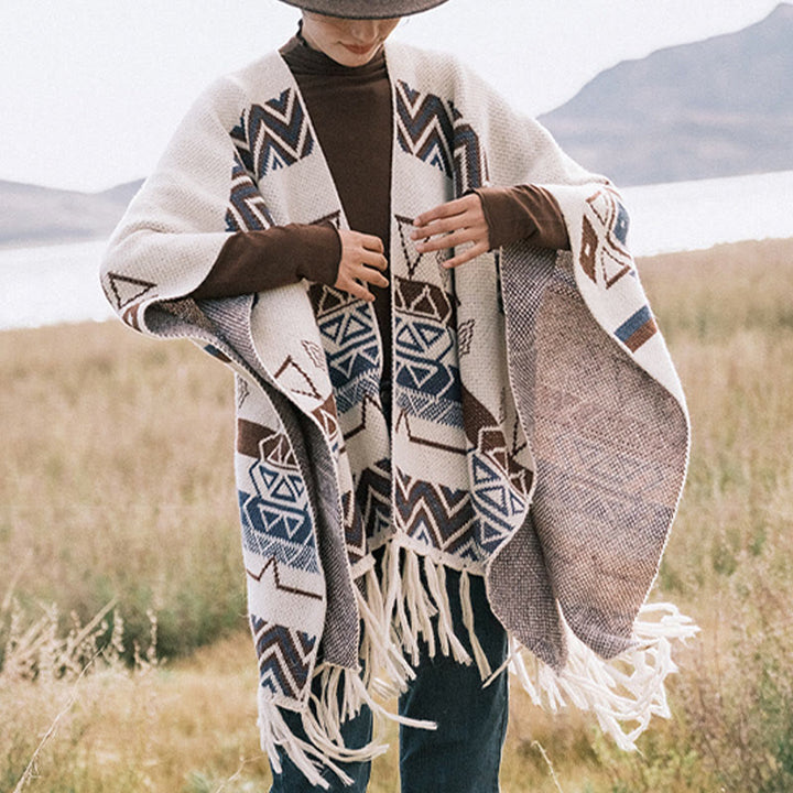 BWOOOH Tibetan Wave Stripe Geometry Tassels Shawl Fall Wi