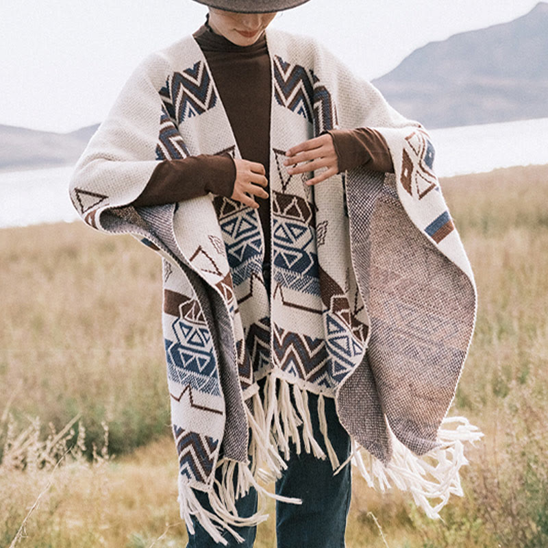 BWOOOH Tibetan Wave Stripe Geometry Tassels Shawl Fall Wi