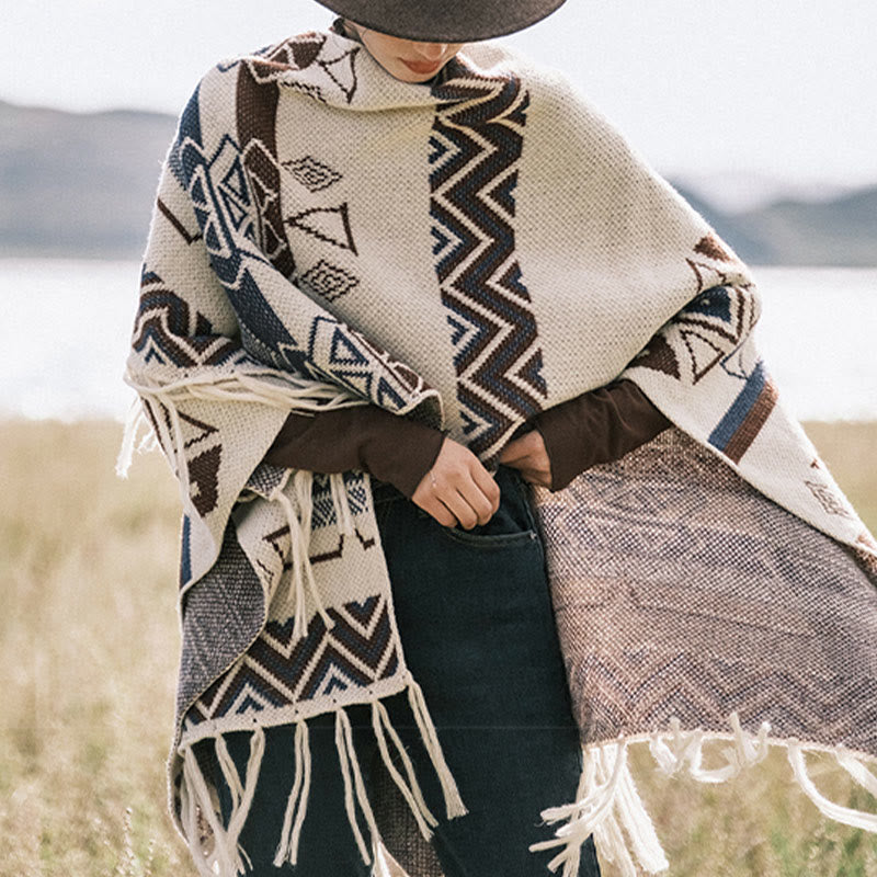 BWOOOH Tibetan Wave Stripe Geometry Tassels Shawl Fall Wi