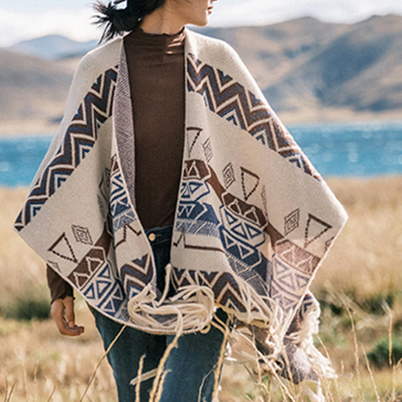 BWOOOH Tibetan Wave Stripe Geometry Tassels Shawl Fall Wi