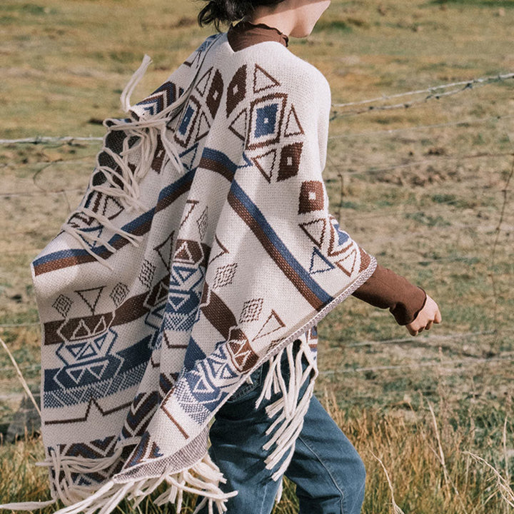BWOOOH Tibetan Wave Stripe Geometry Tassels Shawl Fall Wi