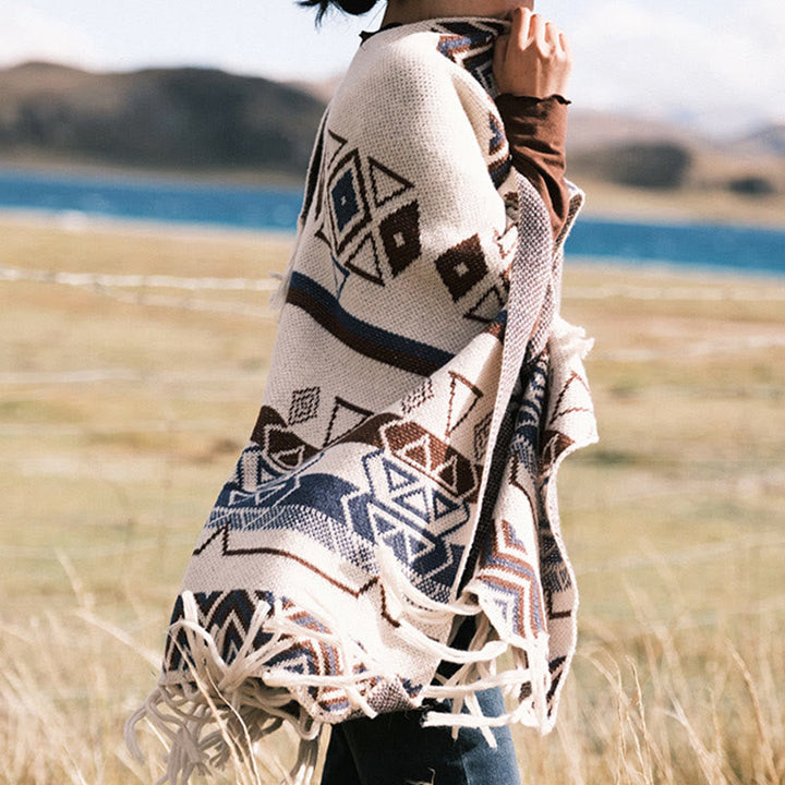 BWOOOH Tibetan Wave Stripe Geometry Tassels Shawl Fall Wi