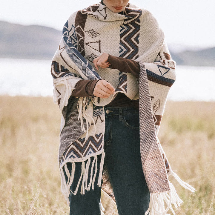 BWOOOH Tibetan Wave Stripe Geometry Tassels Shawl Fall Wi