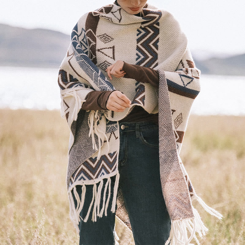 BWOOOH Tibetan Wave Stripe Geometry Tassels Shawl Fall Wi