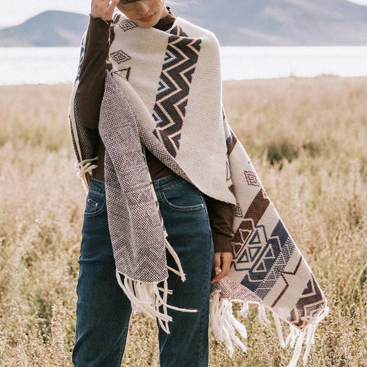 BWOOOH Tibetan Wave Stripe Geometry Tassels Shawl Fall Wi