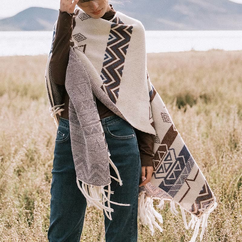BWOOOH Tibetan Wave Stripe Geometry Tassels Shawl Fall Wi