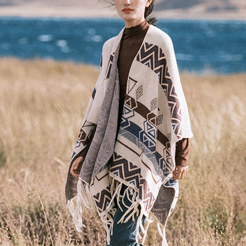 BWOOOH Tibetan Wave Stripe Geometry Tassels Shawl Fall Wi