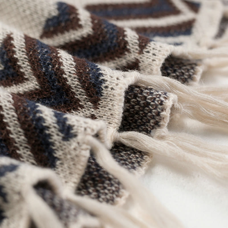 BWOOOH Tibetan Wave Stripe Geometry Tassels Shawl Fall Wi