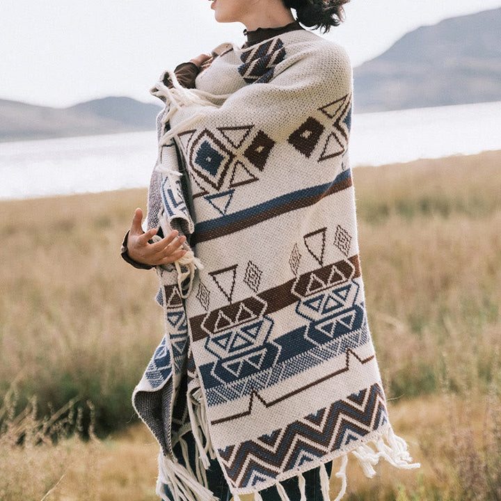 BWOOOH Tibetan Wave Stripe Geometry Tassels Shawl Fall Wi