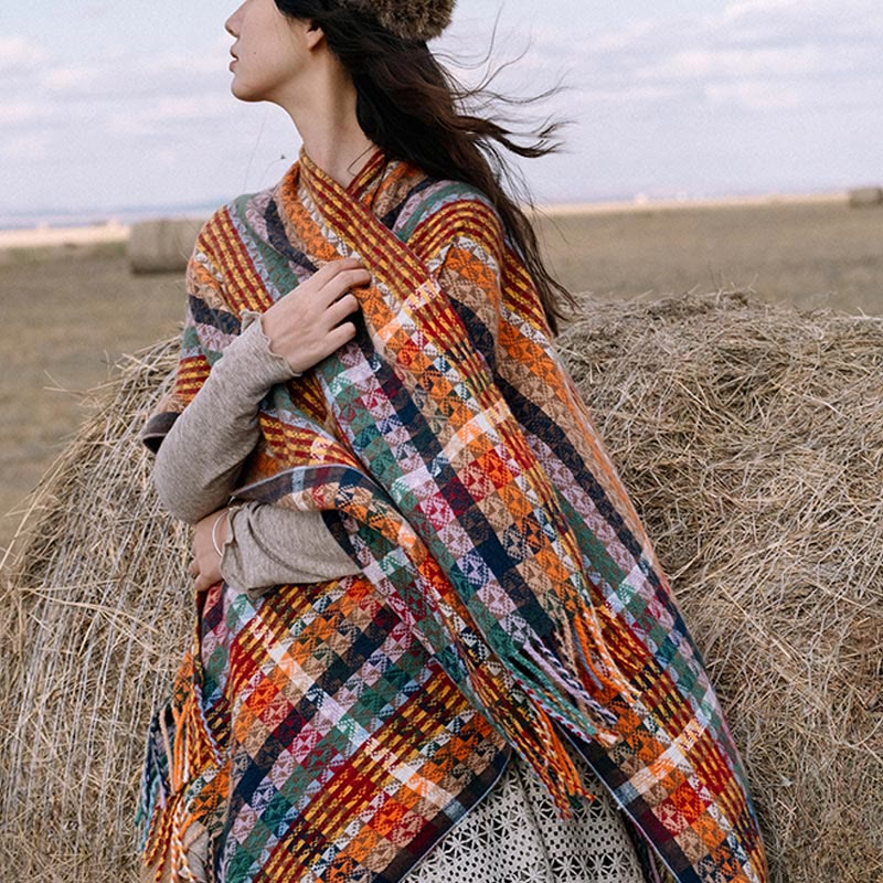 BWOOOH Tibetan Colorful Stripe Geometry Tassels Shawl Fal
