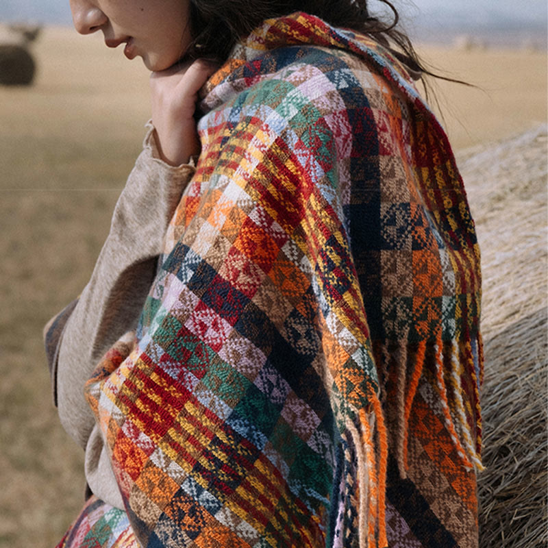 BWOOOH Tibetan Colorful Stripe Geometry Tassels Shawl Fal