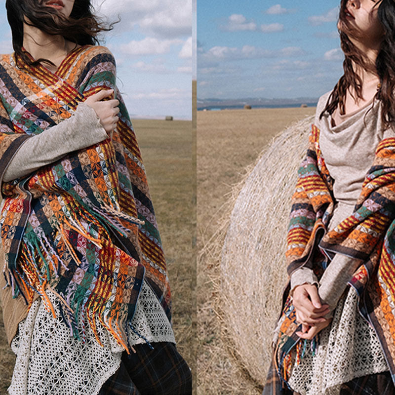 BWOOOH Tibetan Colorful Stripe Geometry Tassels Shawl Fal