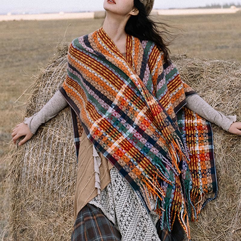 BWOOOH Tibetan Colorful Stripe Geometry Tassels Shawl Fal