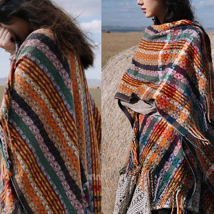 BWOOOH Tibetan Colorful Stripe Geometry Tassels Shawl Fal