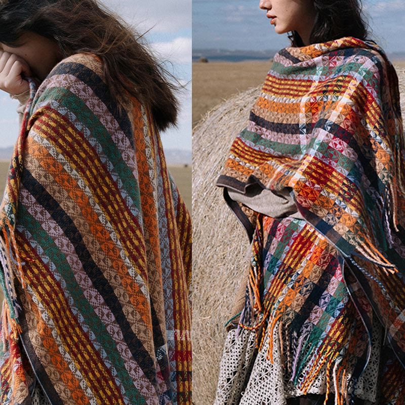 BWOOOH Tibetan Colorful Stripe Geometry Tassels Shawl Fal