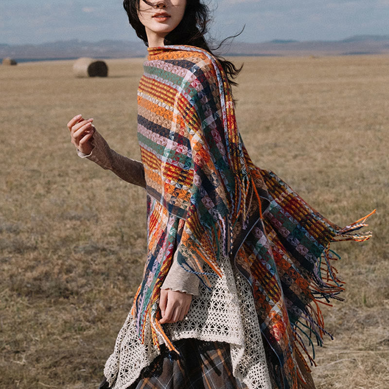 BWOOOH Tibetan Colorful Stripe Geometry Tassels Shawl Fal