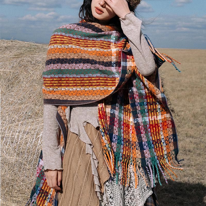 BWOOOH Tibetan Colorful Stripe Geometry Tassels Shawl Fal