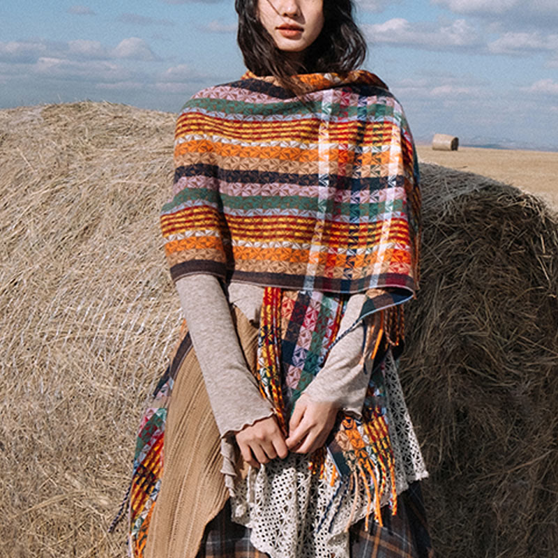 BWOOOH Tibetan Colorful Stripe Geometry Tassels Shawl Fal